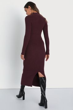 Flaunt your stuff as the leaves fall in the Lulus Autumnal Sensation Plum Purple Ribbed Long Sleeve Sweater Dress! Soft and stretchy ribbed knit shapes this casually chic dress that features two functional tortoise buttons at the mock neckline for a cute detail, all framed by long sleeves. The figure-hugging silhouette shows off your curves just right before falling to a sophisticated midi hem with a kick pleat at back. Pair with your favorite boots for that perfect cold weather look! Fit: This Long Ribbed Bodycon Sweater Dress, Ribbed Bodycon High Neck Midi Dress, High Neck Ribbed Bodycon Midi Dress, Ribbed High Neck Bodycon Midi Dress, Knit Dress With Ribbed Neckline For Fall, Fall Knit Dress With Ribbed Neckline, Fall Ribbed Midi Dress, Ribbed Long Midi Dress For Fall, Ribbed Midi Dress For Fall