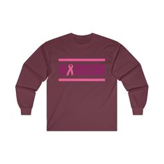 Sporty Long Sleeve Branded T-shirt, Sporty Long Sleeve T-shirt With Branding, Long Sleeve Pink Shirt With Text Print, Purple Casual Top For Awareness Events, Casual Purple Top For Awareness Events, Casual Cotton Shirt For Awareness Events, Casual Crew Neck Shirt For Awareness Events, Cotton Tops With Letter Print For Awareness Events, Premium Tshirt