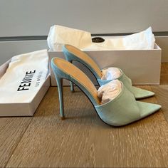 Femme La Mules Powder Blue Size 37 Brand New 4.5inch Heel 100% Vegan Chic Light Blue Heels For Formal Occasions, Chic Light Blue Formal Heels, Chic Green Slip-on Heels, Chic Light Blue Leather Heels, Elegant Green Slip-on Heels, Chic Light Blue Sandals With Pointed Toe, Luxury Light Blue High Heels, Elegant Light Blue Heels With Wrapped Heel, Blue Slip-on Party Heels