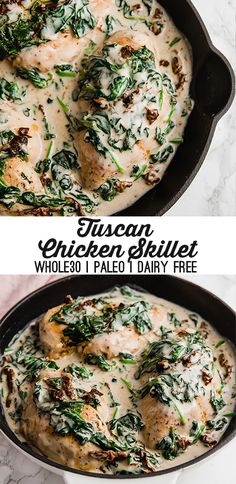 two photos of chicken and spinach in a skillet with the title text above it