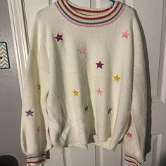 Colorful Star Sweater Super Soft And Warm Colorful Stars And Neckline! Never Worn!! White Crew Neck Sweater With Star Print, Star Purple, Star Sweater, Purple Sweater, Pink Lily, Fit Check, Pink Sweater, Colorful Sweaters, Pink Purple