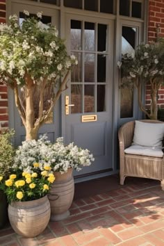 the front door is decorated with potted trees and flowers, along with two wicker chairs