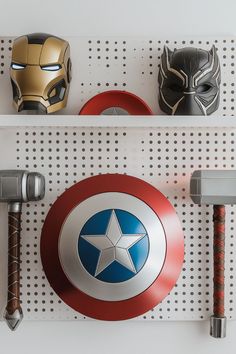 pegboard with marvel accessories Marvel Bedroom Ideas, Bedroom Ideas For Boys, Marvel Bedroom, Designing A Room, Superhero Room, Boys Home, Boy's Room, A Boy, Marvel Universe