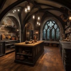 a large kitchen with an arched window and wooden flooring is shown in this image