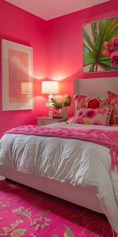 Hot Pink Bedroom Walls, Hot Pink Accent Wall, Hot Pink Room Ideas, Bright Pink Room, Bright Pink Bedroom, Hot Pink Bedroom Decor, Modern Pink Bedroom, Hot Pink Bedroom, Hot Pink Furniture