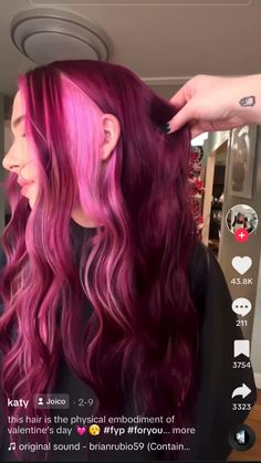 Magenta Hair Pink Money Piece, Red N Pink Hair, Pink And Red Peekaboo Hair, Dark Red With Pink Highlights, Red Hair Pink Peekaboo, Fall Pink Hair Color, Dark Pink Hair With Light Pink Money Piece, Semi Permanent Hair Color Ideas, Magenta Hair With Pink Money Piece