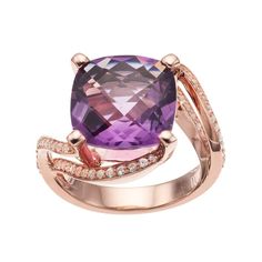 Designed with a cushion-cut genuine amethyst center stone and lab-created white sapphires along the twisted band, this ring provides scintillating style.RING DETAILS Width: 0.45 in. Metal: sterling silver Plating: 14k rose gold Finish: polished Packaging: boxed STONE DETAILS Stone type: amethyst, lab-created white sapphire Total weight: 9 9/10 ct. Center stone weight: 8 7/8 ct. Center stone size: 13 mm Shape: cushion cut, round Setting: prong Gemstones may have been treated to enhance their appe Luxury Amethyst Cushion Cut Ring For Formal Occasions, Luxury Amethyst Cushion Cut Ring For Formal Events, Luxury Cushion Cut Amethyst Ring For Formal Occasions, Luxury Purple Cushion Cut Jewelry, Luxury Cushion Cut Amethyst Ring For Anniversary, Elegant Purple Cushion Cut Amethyst Ring, Elegant Cushion Cut Amethyst Ring, Elegant Amethyst Cushion Cut Rings, Elegant Cushion Cut Amethyst Ring With Accent Stones