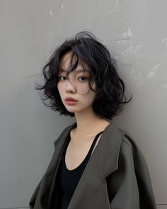 Korean Perm Layered Hair, Shoulder Length Wolf Cut Wavy Hair, Short Curly Hair Asian, Short Wavy Hairstyle Women, Short Hair Hairstyle Women, Wavy Perm Short Hair, Short Hair Korean Style, Korean Perm Short Hair, Digital Perm Short Hair