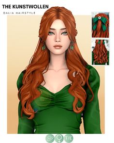 an image of a woman with long red hair and green dress on the front, in three different poses