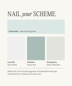 the color scheme for nail your scheme, including blue and gray tones with white accents