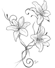 a drawing of two flowers with swirls on the stems and one flower in the middle