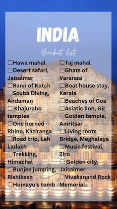 india travel list with the names and destinations