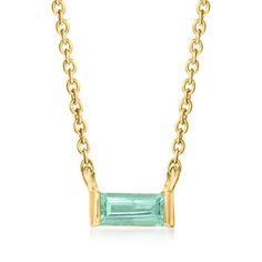 Ross-Simons - .10 Carat Emerald Necklace in 14kt Yellow Gold. 16". RS Pure. Modern designs that complete your outfit and complement your personality. Level up your everyday layers with some color! Crafted in polished 14kt yellow gold, this dainty necklace features a .10 carat baguette emerald stationed on a simple cable chain. Includes a 2" extender. Springring clasp, emerald necklace. Emerald birthstones are the perfect gift for May birthdays. May Birthdays, Necklace Emerald, Emerald Birthstone, May Birthday, Emerald Necklace, Dainty Necklace, Cable Chain, Level Up, Emerald