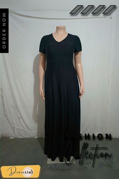 Casual V-neck Solid Short Sleeve Plus Size Dresses Black Plain V-neck Dress, Fall V-neck Solid Color Maxi Dress, Elegant Plain V-neck Dress, Chic Plain V-neck Dresses, Plain V-neck Fall Dress, Fall V-neck Plain Dress, Plain V-neck Dress For Fall, Fall Plain V-neck Dress, Spring V-neck Plain Dress