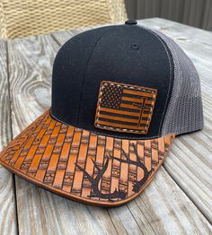 100% customized hand tooled leather patch and bill hats. We can put just about anything you want on it. All of our leather patches and bills are hand drawn, tooled, painted, and stitched onto our Richardson 112 or 115 (depending on the color). Any questions on design/logo or hat colors you can message us prior to ordering. Our turn around time is 3-4 weeks. When we get to your order we do send a draft for approval before tooling. Once piece is tooled a picture will be sent to you for confirmatio Leather Hats With Leather Patch, Rugged Leather Hat With Leather Patch, Tooled Hat Patch, Casual Hats With Leather Patch - One Size, 5-panel Leather Hats With Leather Patch, Once Piece, Nanak Jayanti, Leather Patch Hat, Country Hats