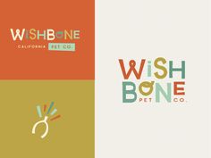 the logo for wish bone pet company is shown in three different colors and font styles