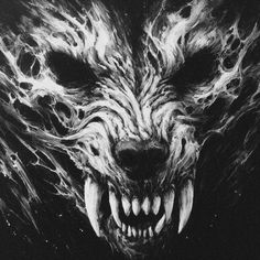 a black and white drawing of a wolf's face with flames coming out of it