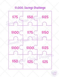 DESCRIPTION: Ready to take over your savings? This $1k savings challenge is designed to help you save for the entire year, or as emergency situations. This is perfect for anyone, just color in a puzzle piece as you save.  This is a NON-EDITABLE document HOW TO DOWNLOAD: 1) After your payment is confirmed, you will receive an email with the link to the download from Etsy (or you can go to your Etsy order section and download) 2) Open the PDF file in Adobe Acrobat Reader (you may download for free here- https://get.adobe.com/reader/) 3) Print from your home printer or you can print at your local print shop. Print may be done on regular paper or card stock of your choice. 4) You may print document as many times as you want for personal use only, you can laminate it and reuse as many times as 1 Year Savings Challenge, 1k Savings Challenge, 1000 Savings Challenge, Spar Challenge, Money Makeover