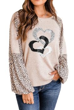 Leopard Heart Color Block Long Sleeve Pullover Oversized Long Sleeve Top With Heart Graphic, Long Sleeve Tops With Heart Print For Spring, Trendy Long Sleeve Top With Heart Print, Fall Long Sleeve Top With Heart Graphic, Casual Spring Sweater With Heart Graphic, Cute Heart Print Tops For Fall, Spring Sweater With Heart Print, Spring Long Sleeve Tops With Heart Graphic, Cute Beige Winter Tops