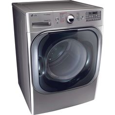 the front load washer is silver and has a button on it's door