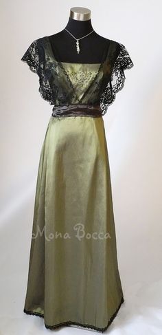 Edwardian Dress plus size handmade in England olive by MonaBocca Edwardian Formal Dress, Victorian Era Evening Gown, Sage Green Vintage Dress, Historical Womens Fashion, Titanic Era Fashion, Elegant Green Dress With Historical Design, Elegant Olive Dress For Formal Occasions, Elegant Olive Formal Dress, Green Victorian Dress For Wedding