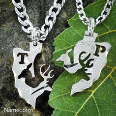 This is a half dollar that has been cut and scalloped into an arrowhead. We then cut the deer arrowhead in half into a this design of a buck and a doe. One side has the solid buck and the doe cut out and the other side has the opposite. These pieces interlock perfectly like a puzzle. Personalized initials are available. Animals Hunting, Relationship Necklaces, Arrowheads Design, Promise Bracelet, Buck And Doe, Country Couples, Infinity Jewelry, Perfect Relationship, Couple Necklaces