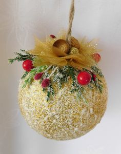 a christmas ornament hanging from a rope