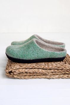 Felt warm women wool slippers green color mixed with natural beige color. Material that we use is high quality sheep's wool. Felt house slippers are felted using soap and warm water. No chemicals added. Soft slippers are warm comfy and cozy. Wool protects your feet from overheating so no sweat guaranteed. Give your feet some nice moments to relax with these hygge wool slippers. Slippers color is blush green mixed with natural no colored beige color. Sole: Suede leather (navy blue color). SOLE: T Green Flat Slippers With Textured Footbed, Green Comfortable Slippers With Textured Footbed, Green Cushioned Flat Slippers, Green Flat Slippers With Rubber Sole, Comfortable Green Round Toe Clogs, Green Cushioned Slippers With Round Toe, Green Cushioned Round Toe Slippers, Green Round Toe Slippers With Cushioned Footbed, Comfortable Green Closed Toe Slippers