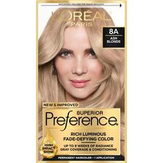 L'Oreal Paris Superior Preference Permanent Hair Color, 8A Ash Blonde, L'Oreal Superior Preference Hair Color our gold standard in luxurious permanent hair color since 1973. Superior Preference at-home hair coloring kit is special because it delivers super shiny luminous hair color. Preference gives you long lasting hair color that's fade-defying for weeks and weeks. From root to tip whether you have blonde hair, brown hair, black hair or red hair color, Your color won't look dull or brassy. We pair our translucent gel hair dye formula with our exclusive Care Supreme Conditioner with Shine Serum that help keep color vibrancy and provides silky and shiny hair. Preference is available in over 50 Luminous Shades. Size: 2.26" x 3.50" x 6.25".  Color: Gray. Loreal Paris Hair Color, Medium Ash Blonde Hair, Shiny Luminous, Medium Ash Blonde, Gel Hair, Ash Blonde Hair Colour, Beauty Hair Color, At Home Hair Color, Light Ash Blonde