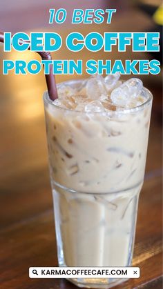 iced coffee in a tall glass with ice on the side and text overlay reading 10 best iced coffee protein shakes