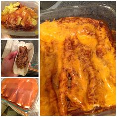 four different pictures show how to make an enchilada casserole with meat and cheese