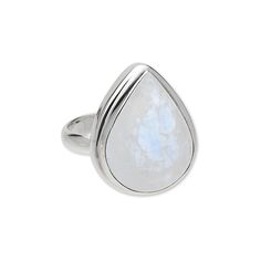 Fine quality sterling silver ring features a gorgeous rainbow moonstone teardrop cabochon with beautiful flash. Ring has an open back setting and is packaged with an anti-tarnish strip to maintain long-lasting shine. Size 8. Elegant Teardrop Moonstone Ring, Elegant White Teardrop Moonstone Ring, Adjustable Teardrop Moonstone Ring In Sterling Silver, Adjustable Pear-shaped Silver Jewelry, Handmade Moonstone Teardrop Ring, Drop Shaped Cabochon Jewelry For Anniversary, White Pear-shaped Moonstone Jewelry, Spiritual Teardrop Moonstone Ring, Silver Teardrop Nickel-free Rings