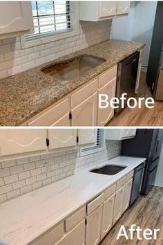 before and after photos of a kitchen remodel with white cabinets, granite counter tops and stainless steel appliances