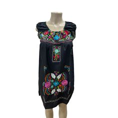 Gorgeous Mexican Dress With Multicolor Floral Embroidery Made By Hand! Elastic Neckline And Sleeves, Super Cute Off-Shoulder Style! Design And Color Of Embroidery May Vary With Every Dress. Traditional Black Spring Dresses, Black Folk Embroidered Summer Dress, Black Folk Style Summer Dress, Black Dress With Geometric Embroidery For Spring, Traditional Black Summer Dress, Black Embroidered Dress With Geometric Patterns For Spring, Black Bohemian Dress With Intricate Embroidery, Black Folk Dress For Spring, Black Bohemian Embroidered Dress With Geometric Pattern