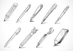 various types of pencils and pens on a white background - kosten stock - grafit