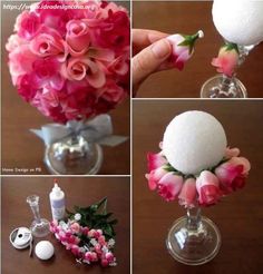 flowers are arranged in wine glasses and vases to make an arrangement for the bride's bouquet