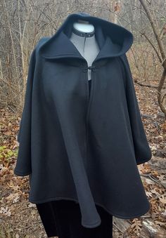 Short Fleece Cloak - Black Full Circle Cloak Cape with Hood Hooded Cape For Cosplay In Winter, Hooded Cape For Fall Cosplay, Hooded Winter Cape For Cosplay, Winter Hooded Cape For Cosplay, Black Long Sleeve Cape For Larp, Black Cape For Larp, Black Cape For Cosplay, Fall Cape Outerwear For Cosplay, Black Winter Outerwear For Larp