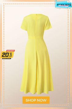 Formal Knot Front Elegant Short Sleeve Crew Neck Dress Plain Non-stretch Knee-length Dresses, Yellow Solid Color V-neck Midi Dress, Yellow Short Sleeve Solid Midi Dress, Yellow A-line Midi Dress Solid Color, Yellow Solid Color A-line Midi Dress, Spring Plain Dress For Party, Plain Spring Party Dresses, Spring Party Plain Dress, Spring Sheath Midi Dress Solid Color