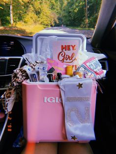 a pink cooler filled with personal items in the back seat of a car next to a woman's legs