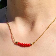 In this necklace, six natural red coral stones are arranged on a 14k gold hypoallergenic steel chain. It is great for daily use with its simple and minimal style and 2mm small stones. It is also striking with its red color. 🌹 Chain is 14k gold stainless steel 🌹 Does not contain nicke 🌹 Hypoallergenic 🌹Stone Size: 2 mm 📐SIZE Necklace Length 45 cm / 17.7 inch excluding extender chain Please contact me if you need a different length! 🍀You can combine multi-purpose bracelets with any color and Gift Red Coral Gemstone Beads Necklace, Red Coral Gemstone Beads Necklace As Gift, Red Coral Gemstone Beads Necklace For Gift, Red Coral Necklaces For Gifts, Coral Necklace With Gemstone Beads For Gift, Coral Gemstone Beads Necklace For Gift, Coral Gemstone Beaded Necklace For Gift, Gift Beaded Necklace With Red Coral And Lobster Clasp, Red Coral Gemstone Beads Jewelry As A Gift