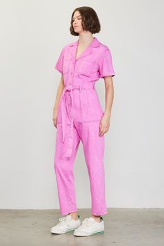 Washed down for a faded character, this straight-leg jumpsuit has cuffed short sleeves, utility-inspired pockets, and a removable tie belt to define the waist. Cropped to the perfect ankle length, it's an effortless one-and-done outfit. •Notched collar •Button placket •Cuffed short sleeves •Utility pockets •Optional self-tie belt Item Number: 73412 Utility Jumpsuit, Vacation Looks, Utility Pockets, Belt Tying, Cuffed Shorts, Notched Collar, Tie Belt, Button Placket, Item Number