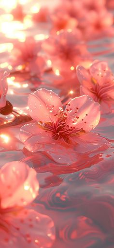 some pink flowers floating in the water