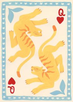 two cats playing cards with hearts and stars on the sides, one cat is jumping