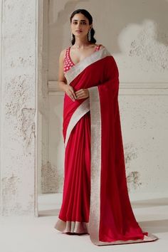 Red silk satin saree with woven gota edging. Paired with a hand embroidered blouse. - Aza Fashions Satin Saree, Red Saree, Satin Color, Red Silk, Embroidered Blouse, Sarees Online, Silk Satin, Aza Fashion, Hand Embroidered