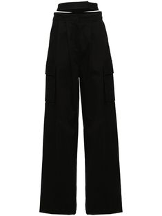 black stretch-cotton twill weave high-waisted two diagonal pockets to the sides two side cargo pockets two rear welt pockets wide leg hook and zip fly fastening Black Wide Leg Trousers, City Dress, Twill Weave, Flare Trousers, Cargo Pants Women, Summer Beach Wear, High Waisted Trousers, Black Stretch, Wide Leg Trousers