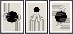 three black and white art pieces with circles on the bottom, one is an oval