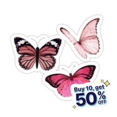 three pink butterflies are shown with the price tag 50 % off on each sticker