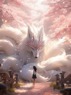 a woman standing in front of a white wolf with pink flowers on its head and tail