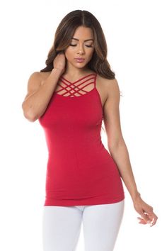 This sexy cami top features spaghetti straps, solid color, sleeveless and crisscross design. One Size best fits sizes 0-10 Spaghetti Straps Ultra Soft Stretchy Knit 92% Nylon, 8% Spandex FINAL SALE Fitted Crisscross Top With Built-in Bra, Casual Cross Back Tank Top With Built-in Bra, Stretch Crisscross Halter Top With Built-in Bra, Red Tops With Built-in Bra And Tank Straps, Fitted Tops For Night Out With Cross Back, Fitted Cross Back Top For Night Out, Fitted Strappy Solid Halter Top, Fitted Solid Strappy Halter Top, Fitted Cross Back Tank Top With Built-in Bra