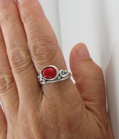 R1330- Sterling Silver Ring with a 8 x 10 mm Red Coral Cabochon, Size 9. **THE STONE IN THIS RING IS NOT YET SET** so it is easier for me to size without damaging the stone. I can size it to fit, just contact me. No charge to size down. The top of the ring measures 12mm and the band is 2 mm. This ring is made by the Lost wax Casting method, were I make the design in wax and then cast it into silver. To learn more about Me and the Lost Wax Method please visit my website at www.denimanddiamondsjew Swiss Blue Topaz Ring, Artisan Rings, Wax Casting, Casting Jewelry, Cabochon Ring, Swiss Blue Topaz, Lost Wax, Moonstone Ring, Blue Topaz Ring